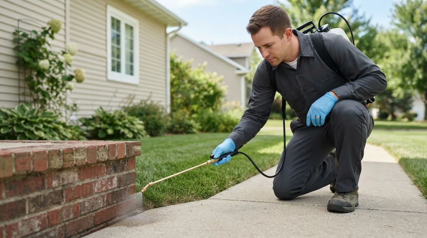 Pest control technician treating a home near Chippewa Falls, WI
